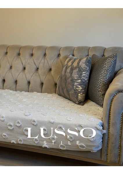 Lüx Saçaklı Ponpon Taş Rengi Koltuk Örtüsü 100x240 Oturma Kısmı