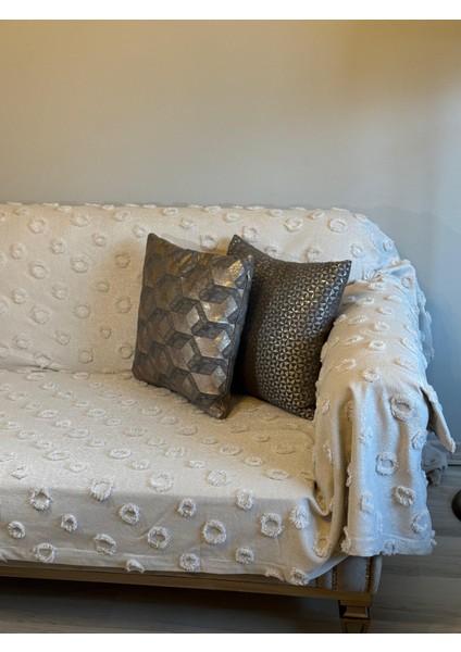 Lüx Saçaklı Ponpon Taş Rengi Koltuk Örtüsü 180x300 Oturma, Sırt ve Kol Kısmı