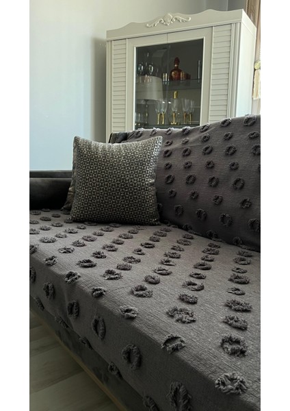 Lüx Saçaklı Ponpon Antrasit Koltuk Örtüsü 100x240 Oturma Kısmı