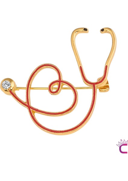 Kırmızı Steteskop Broş - Hediyelik Doktor Hemşire Sağlıkçı Ceket Yaka Iğnesi Rozeti Meslek Broşu