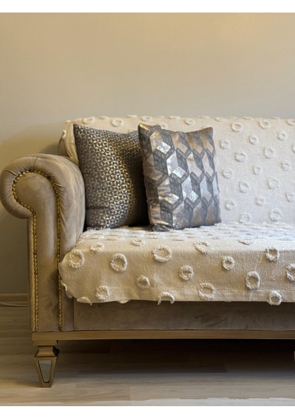 Lüx Saçaklı Ponpon Koltuk Örtüsü Taş Rengi 180X240 Oturma ve Sırt Kısmı