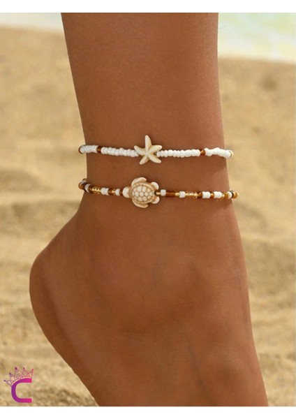 2'li Kombin Caretta Bohem Gold Bakır Boncuklu Halhal - Deniz Yıldızlı Plaj Aksesuar Ayak Takısı