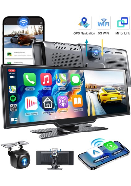 MPIA 10.2" CarPlay Android Auto Multimedya Ekranı 4K Ön/Arka Araç İçi Kamera Kayıt Destekli