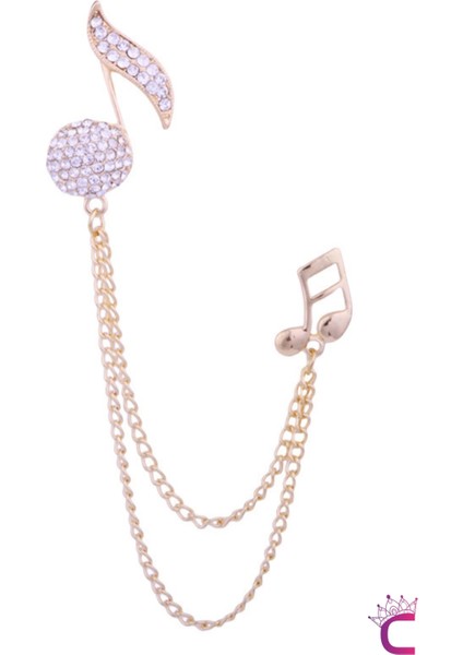 Müzik Notası Zirkon Taşlı Zincirli Broş Gold - Hediyelik Damat Yaka Zinciri Ceket Kıyafet Iğnesi