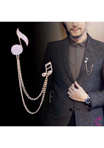 Müzik Notası Zirkon Taşlı Zincirli Broş Gold - Hediyelik Damat Yaka Zinciri Ceket Kıyafet Iğnesi fiyatları