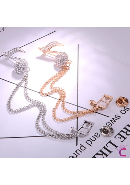 Müzik Notası Zirkon Taşlı Zincirli Broş Gold - Hediyelik Damat Yaka Zinciri Ceket Kıyafet Iğnesi fırsatları
