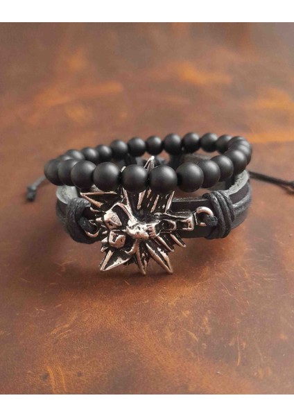 2'li Erkek Bileklik Kurt Tasarım Gerçek Deri Bileklik ve Boncuk Bileklik