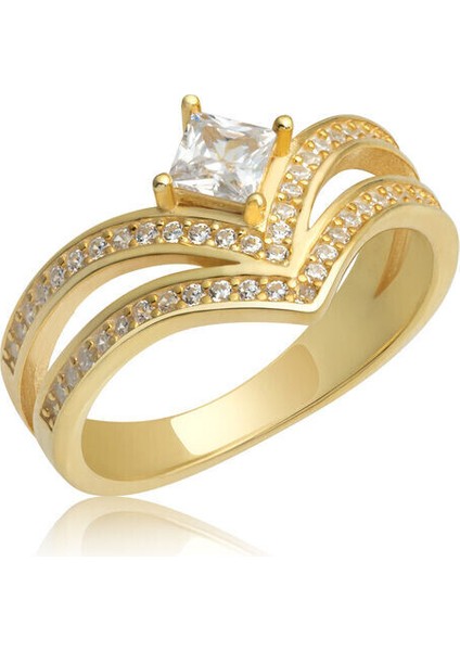 Gold Tek Taş 925 Ayar Gümüş Kadın Yüzük
