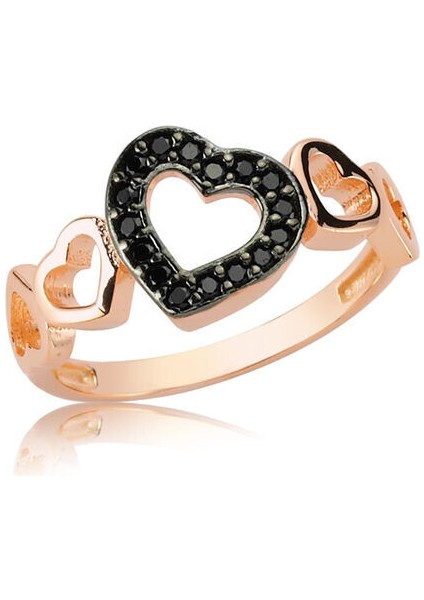 Rose Kalp Siyah 925 Ayar Gümüş Kadın Yüzük