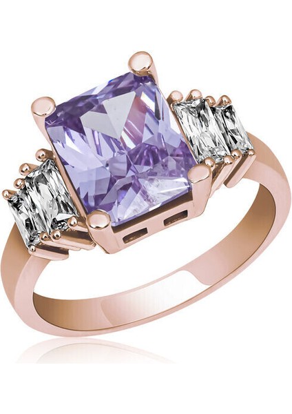 Zirkon Taşlı Rose Lila Baget 925 Ayar Gümüş Kadın Yüzük