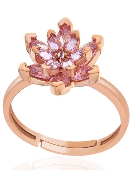 Rose Lotus Çiçegi Pembe Taşlı 925 Ayar Gümüş Kadın Yüzük
