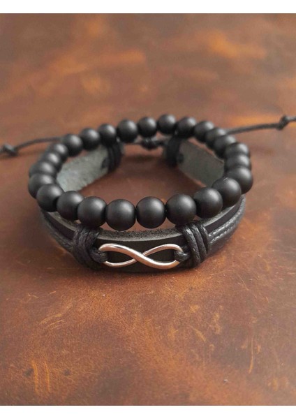 2'li Erkek Bileklik Sonsuzluk Tasarım Gerçek Deri Bileklik ve Boncuk Bileklik