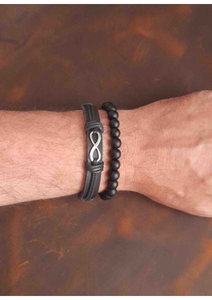 2'li Erkek Bileklik Sonsuzluk Tasarım Gerçek Deri Bileklik ve Boncuk Bileklik modelleri