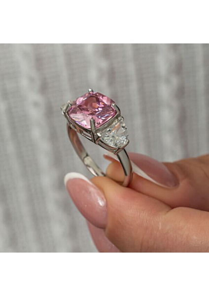 Pembe Zirkon Taşlı 925 Ayar Gümüş Kadın Yüzük