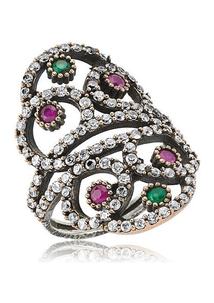 Zümrüt ve Yakut Taşlı 925 Ayar Gümüş Kadın Yüzük