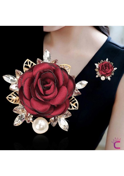 Incili Kristal Taşlı Kırmızı Kumaş Çiçek Gül Broş - Gold Yaprak Yaka Çiçeği Iğnesi Aksesuar Hediyesi