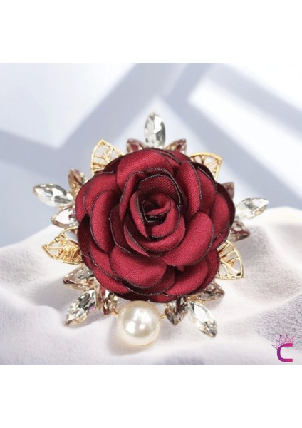 Incili Kristal Taşlı Kırmızı Kumaş Çiçek Gül Broş - Gold Yaprak Yaka Çiçeği Iğnesi Aksesuar Hediyesi fiyatları