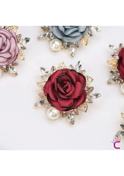Incili Kristal Taşlı Kırmızı Kumaş Çiçek Gül Broş - Gold Yaprak Yaka Çiçeği Iğnesi Aksesuar Hediyesi modelleri
