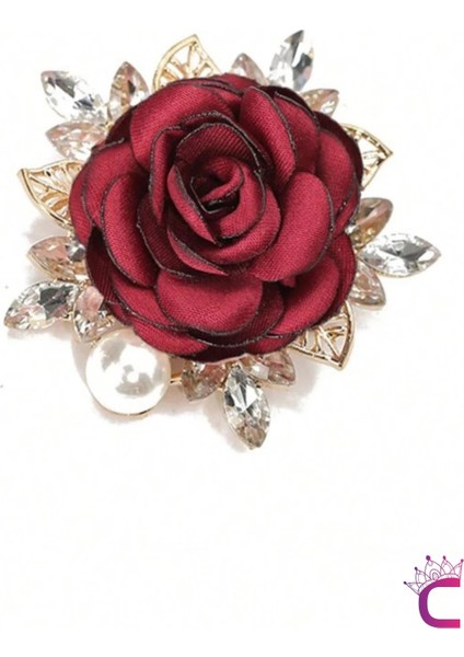 Incili Kristal Taşlı Kırmızı Kumaş Çiçek Gül Broş - Gold Yaprak Yaka Çiçeği Iğnesi Aksesuar Hediyesi indirimleri