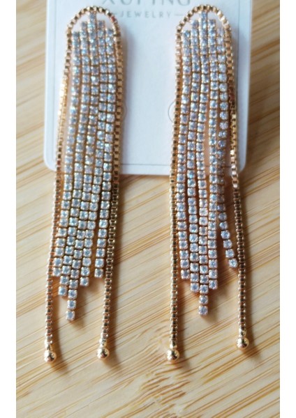 Gold Renk Taşlı Sallantılı Lüks Abiye Küpe modelleri