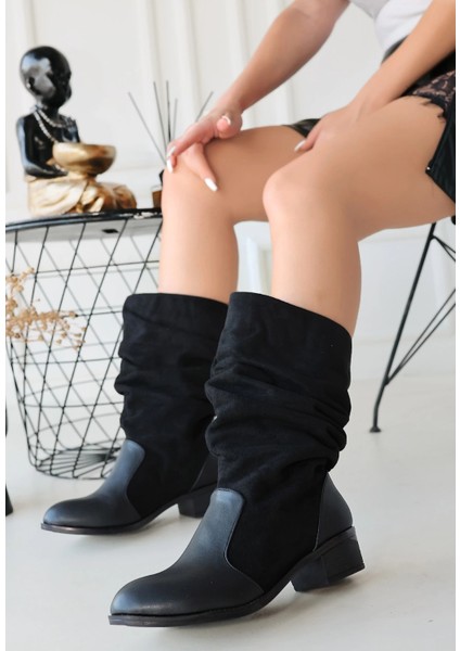 Jolin Siyah Cilt Süet Detaylı Çizme modelleri