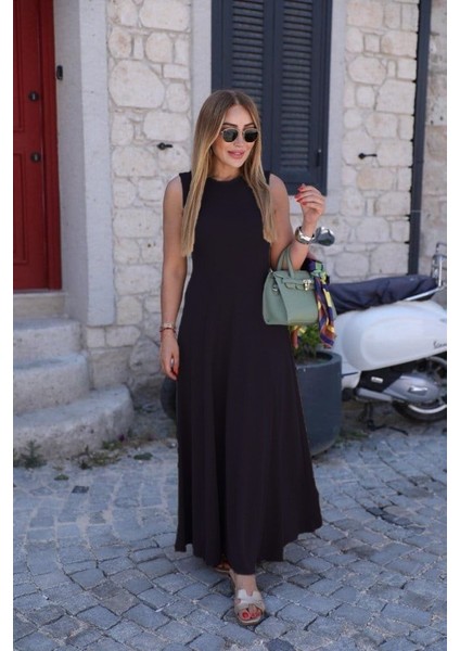 Aknbutik Kadın Sıfır Kollu Bisiklet Yaka Viskon Elbise