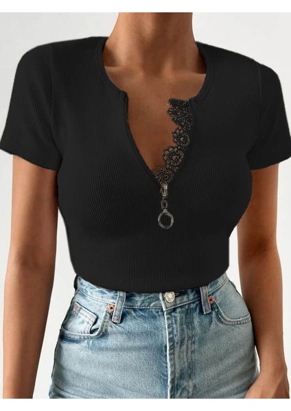 Kadın Beyaz Yaka Dantel ve Fermuarlı Kaşkorse Bluz fiyatları