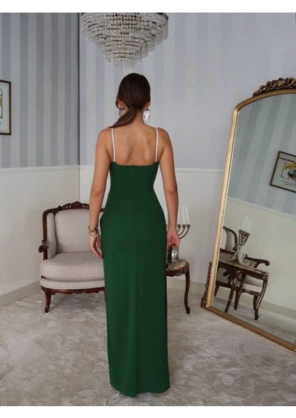 Kadın Omuz Askılı Derin Yırtmaç Detay Maxi Boy Elbise