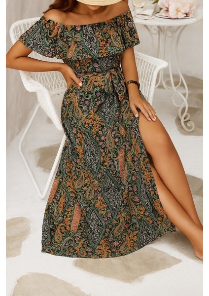 Miracotton Kadın Kısa Kollu Madonna Yaka Fırfırlı Belden Yırtmaçlı Maksi Süprem Elbise modelleri