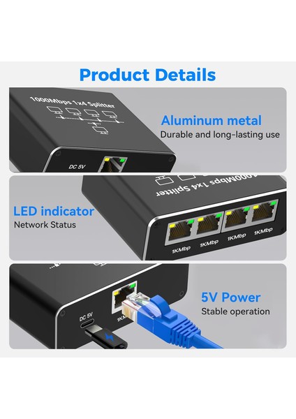 Gigabit Ethernet Splitter 1000MBPS 1x4 RJ45 Cat5/6/7/8 Kablo Ayırıcı 1 x 4 Port Çoklayıcı Adaptör indirimleri
