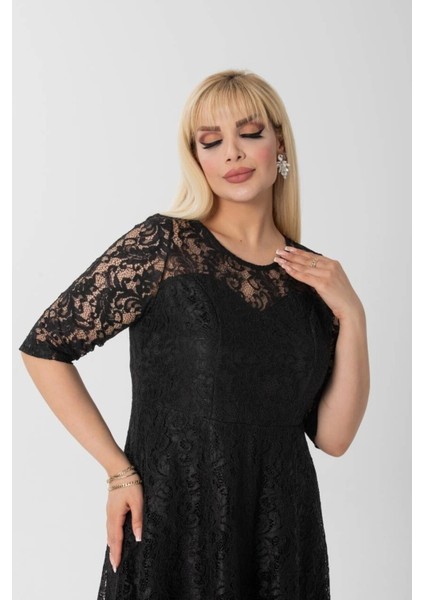Büyük Beden Astarlı Dantel Kumaş Kısa Kollu Midi Boy Siyah Elbise fiyatları