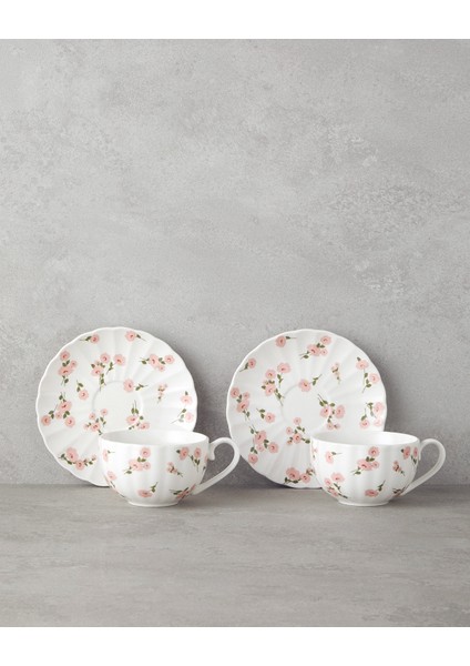 Cordelia New Bone China 4 Parça 2 Kişilik Çay Fincanı Takımı 220 ml Beyaz - Pembe