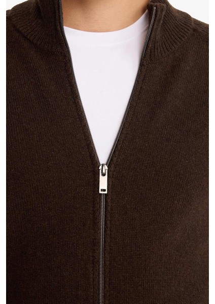 Standart Fit Dik Yaka Fermuarlı Yün Karışımlı Triko Hırka F2983AX25WN indirimleri