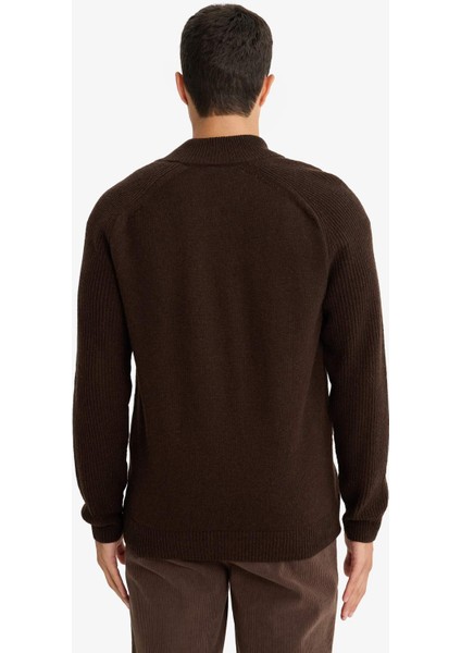 Standart Fit Dik Yaka Fermuarlı Yün Karışımlı Triko Hırka F2983AX25WN