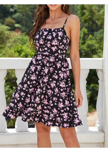 Kadın Askılı Çiçek Desenli Süprem Mini Elbise fırsatları