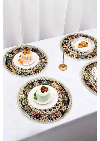 6’lı Yuvarlak Amerikan Servis Altlığı 35X35CM Restoran Ev Için Yıkanabilir Kaymaz Çiçekli