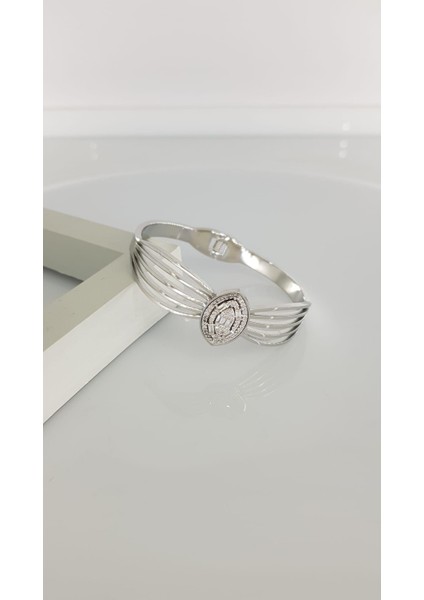 Baget Taşlı gümüş Rengi Kararmaz Çelik Kelepçe SNS006 Hediye Trend Moda