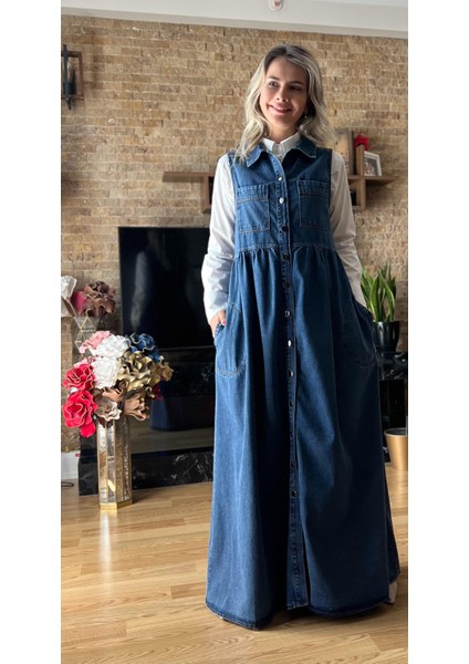 Kadın Kolsuz Düğmeli Cepli Kot Jile Elbise – Mevsimlik Denim Boydan Düğmeli