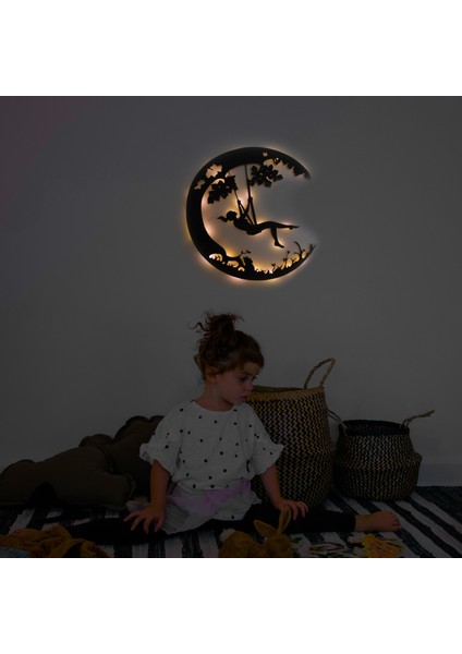 LED Işıklı Ayda Salıncaktaki Kız Dekoratif Tablo Balkon Duvar Dekorlu Gece Lambası modelleri