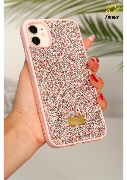 Apple iPhone 11 Uyumlu Kılıf Elmas Tasarımlı Pembe Taşlı Işıltılı Pırlanta Silikon Kapak