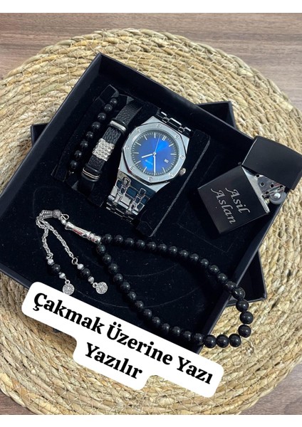 Özel Kutulu Hediyelik Erkek Kombin Saat Seti Çakmak Tesbih Bileklikler Hediye Seti - 6052