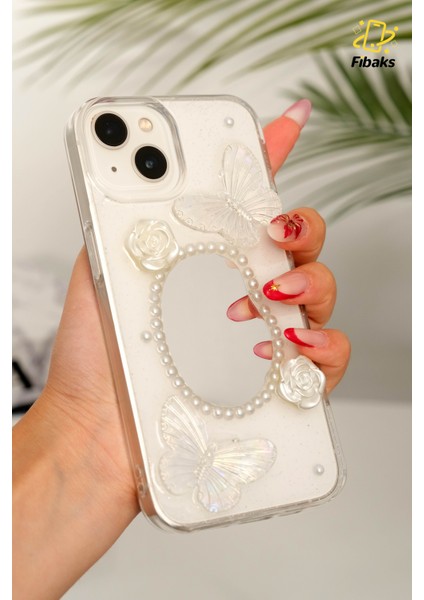 Apple iPhone 13 - 14 - 15 Kılıf 3D Kelebek Gül Desenli Aynalı Simli Şeffaf Tasarımlı Silikon Kapak
