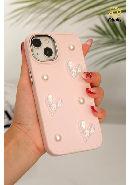 Apple Iphone 13 - 14 - 15 Kılıf Kamera Çıkıntılı Fiyonk Inci Desenli Pembe Yumuşak Silikon Kapak