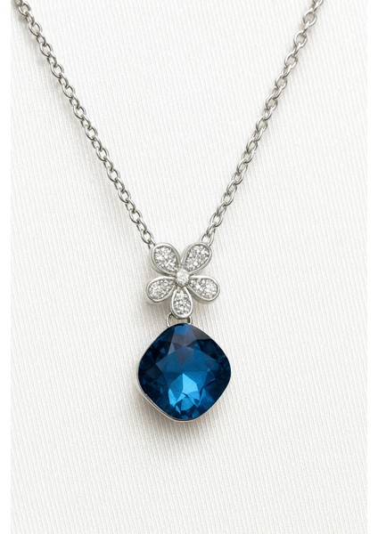 Kadın Gümüş Renkli Zincirli Kolye - Mavi Taşlı Çiçek Motifli Zarif Tasarım