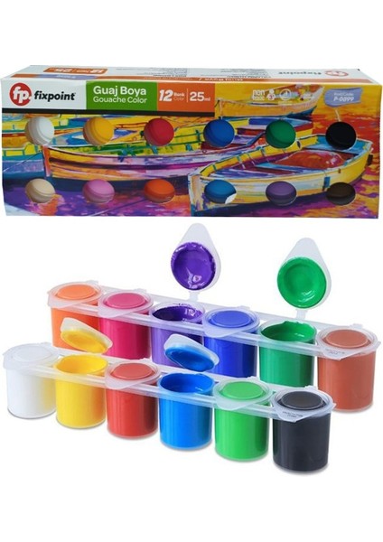 Guaj Boya 12 Renk 25ML 1 Paket Fixpoint Guajboya Seti 12 Li Su Bazlı Şişe Canlı Renkler Resim Okul