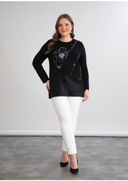 Özgü giyim Butik Önü Taş Baskılı Sıfır Yaka Şık Bluz