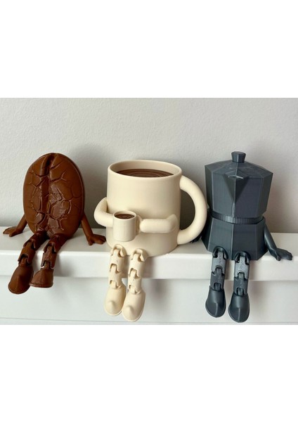 Kahve Köşesi Biblo Seti 3lü, Kahve Çekirdeği, Bej Kahve Kupası, Moka Pot, Coffee Set 8cm