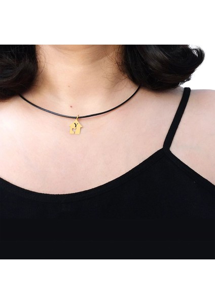 14 Ayar Plakalı Altın Y Harfine Özel Ev Motifli Siyah Bağlıklı Hediyelik KOLYE-631HARF