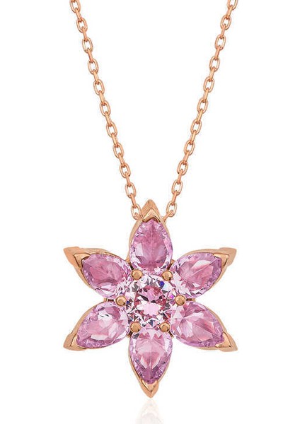 Gümüş Rose Pembe Çiçek Kolye