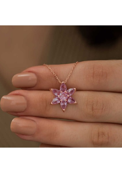 Gümüş Rose Pembe Çiçek Kolye modelleri